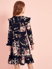 SHEIN Girls Botanical Print Ruffle Trim Self Belted Dress - Navy Blue - View 2