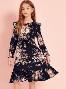 SHEIN Girls Botanical Print Ruffle Trim Self Belted Dress - Navy Blue - View 3