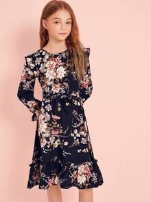 SHEIN Girls Botanical Print Ruffle Trim Self Belted Dress - Navy Blue - View 4