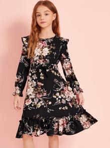 SHEIN Tween Girl Self Belted Ruffle Trim Floral Print Dress - Black - View 3