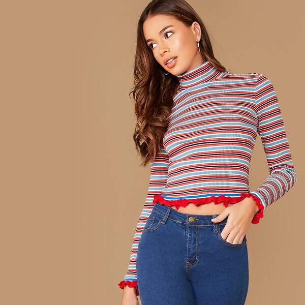 

Frill Trim Rib-knit Striped Tee, Multicolor