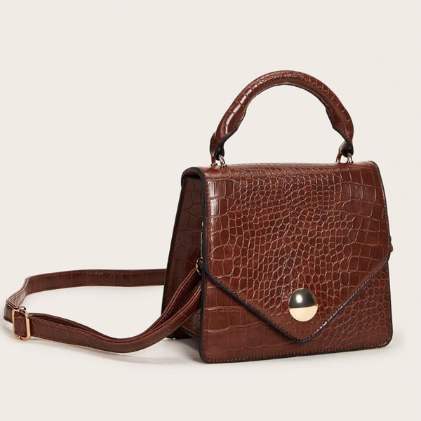 

Croc Embossed Satchel Bag, Brown