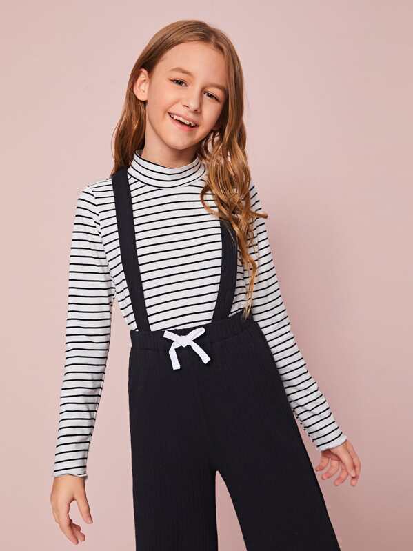 

Girls Mock Neck Striped Tee, Black and white, Sashab