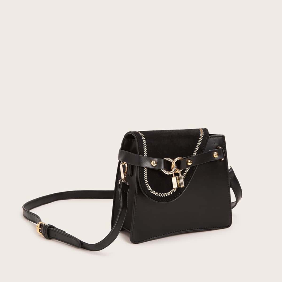 

Metal Lock Decor Crossbody Bag, Black
