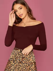 SHEIN Privé 露肩素色合身上衣 - 酒紅色 - 查看 1