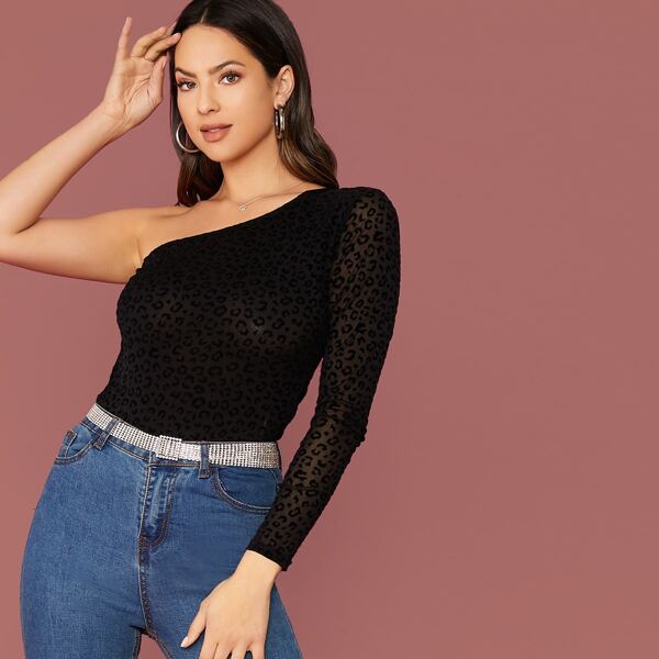 

One Shoulder Leopard Mesh Top, Black