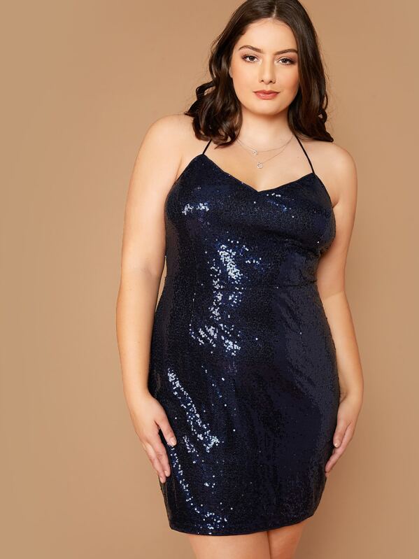 

Plus Crisscross Backless Sequin Fitted Dress, Navy, Marcelle Pallais