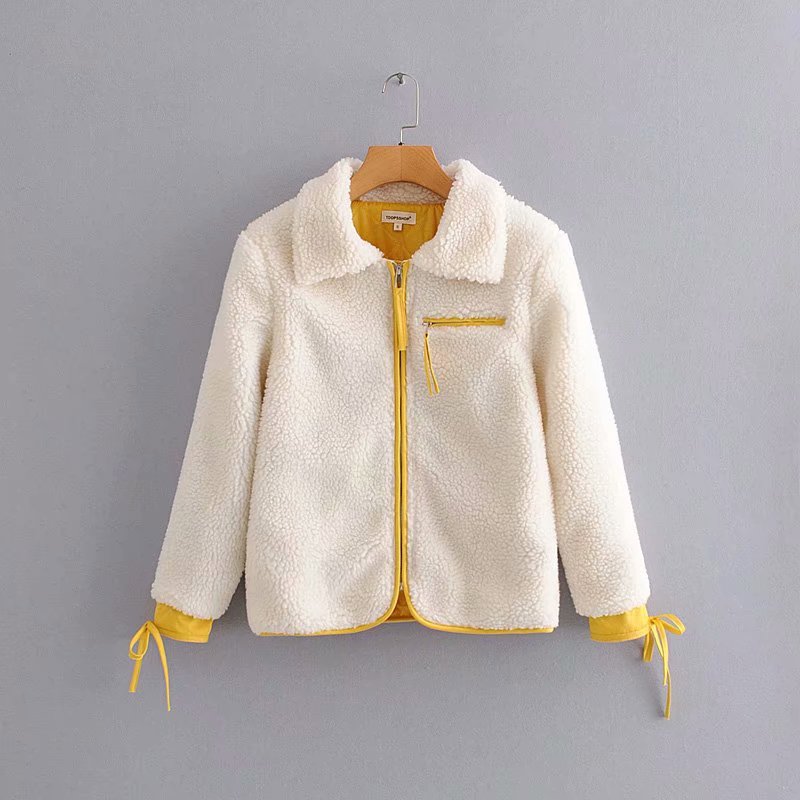 

Knotted Cuff Zip Up Teddy Jacket, White