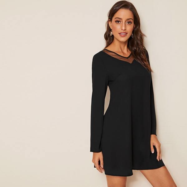 

Mesh Insert Tunic Dress, Black