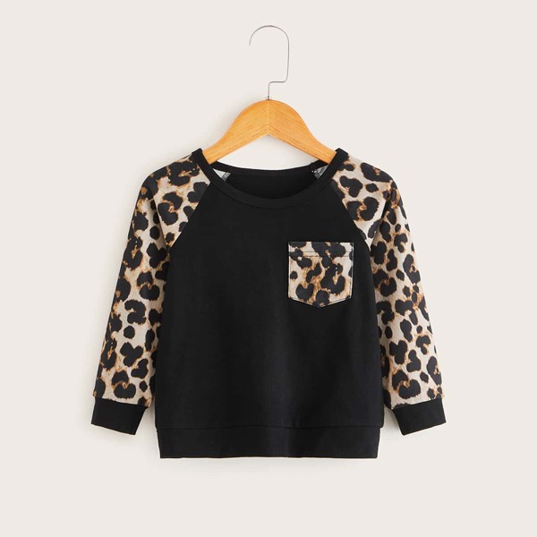 

Toddler Girls Contrast Leopard Raglan Sleeve Sweatshirt, Black