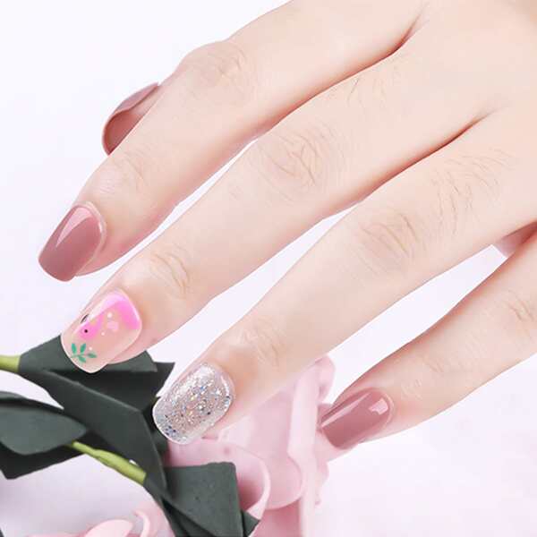 

32pcs Glitter Flamingo Pattern Fake Nail With 1sheet Tape, Multicolor