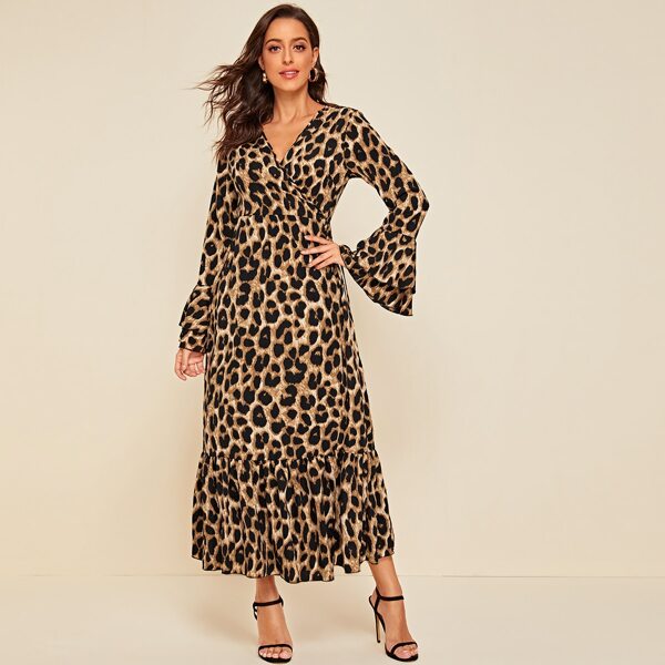 

Leopard Print Flounce Sleeve A-line Dress, Multicolor