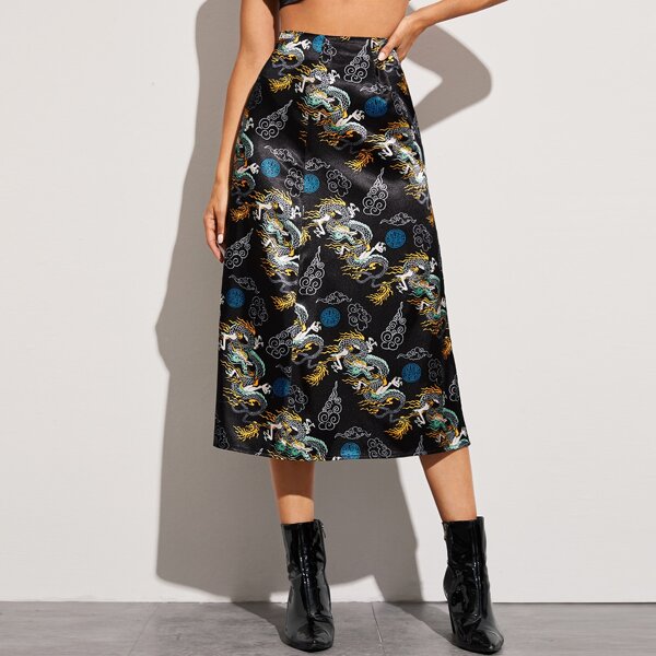 

Satin Dragon Print Midi Skirt, Multicolor