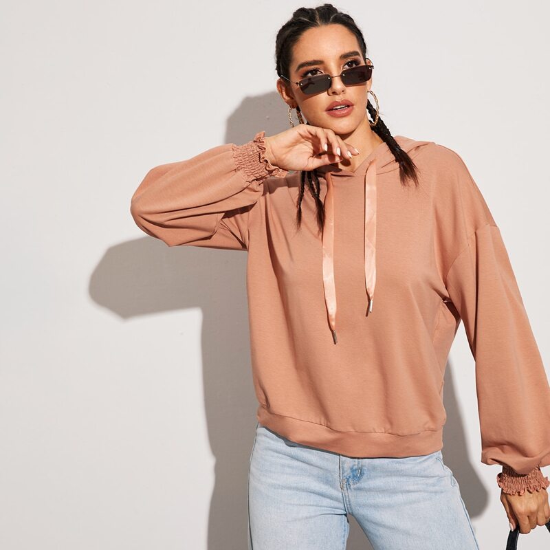 

Bishop Sleeve Shirred Cuff Drawstring Hoodie, Nude