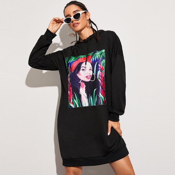 

Figure Graphic Drawstring Hoodie Dress, Black