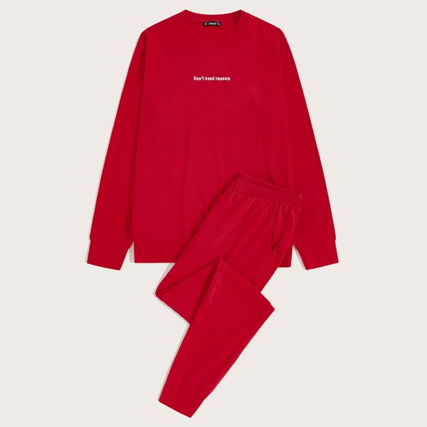 

Men Embroidered Slogan Pullover and Joggers PJ Set, Red bright
