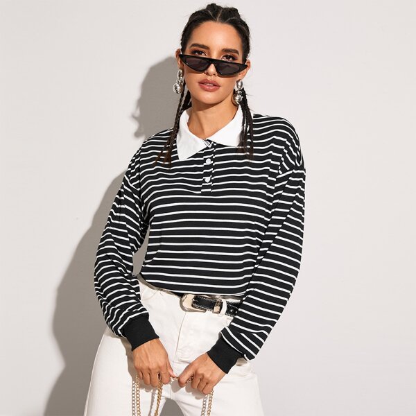 

Contrast Collar Striped Polo Tee, Black and white
