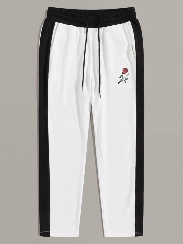 

Men Rose and Knife Print Two Tone Sweatpants, White