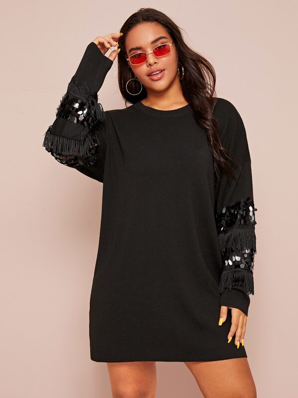 

Plus Sequin Detail Fringe Trim Sweater Dress, Black, Emilie