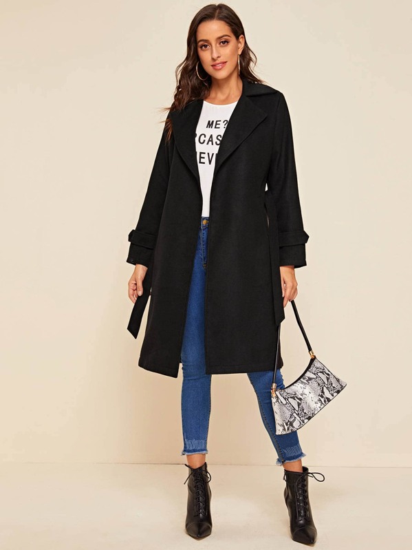 

Solid Lapel Collar Belted Tweed Coat, Black, Mary P.