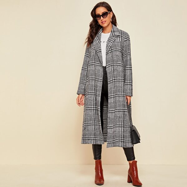 

Tartan Print Lapel Collar Coat, Black and white