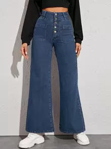 SHEIN Essnce Jeans de pierna ancha con botón de cintura alta - Azul Marino - Ver 4