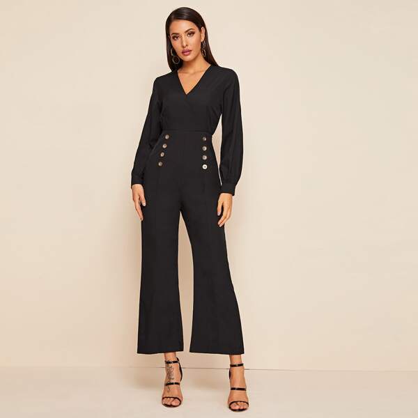 Wide Leg Double Button Jumpsuit, Black