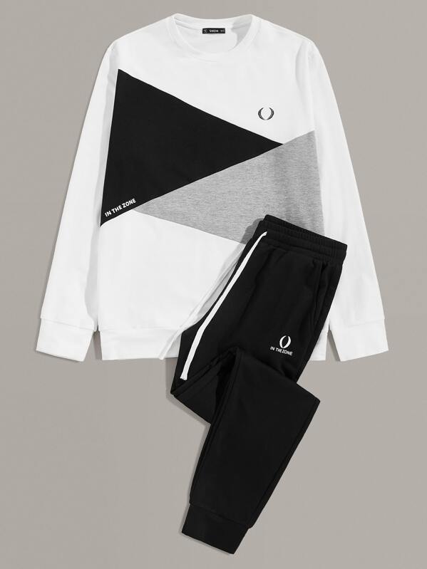 

Men Graphic Print Colorblock Pullover and Joggers Set, Black and white