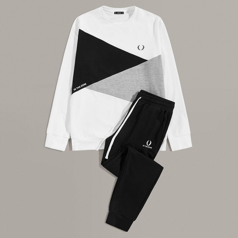 

Guys Graphic Print Colorblock Pullover and Joggers Set, Black and white