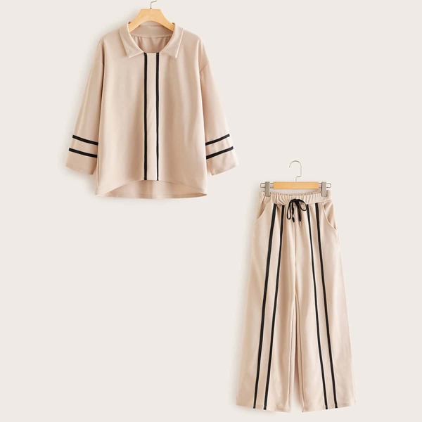 

High Low Curve Hem Striped Top & Drawstring Pants Set, Beige