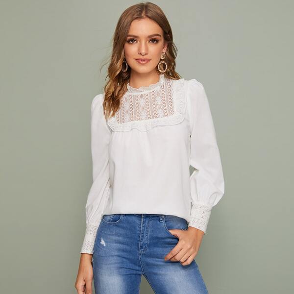 

Ruffle Trim Lace Yoke Top, White