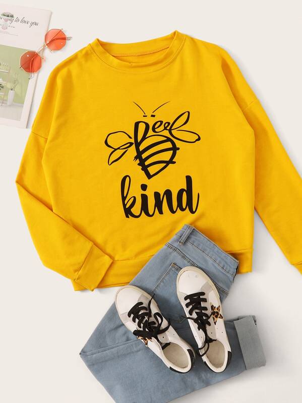 

Bee And Letter Graphic Sweatshirt, Yellow
