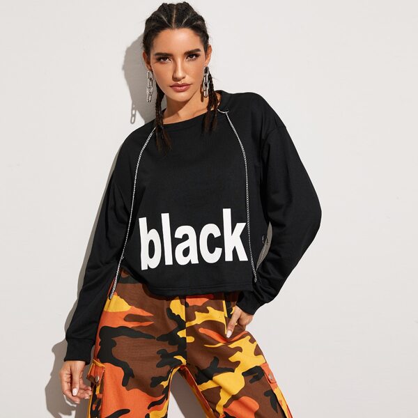 

Letter Graphic Oversized Sweatshirt With Chain, Black