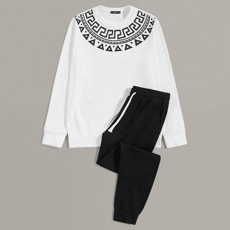 

Guys Geo Print Pullover & Drawstring Waist Joggers Set, Black and white