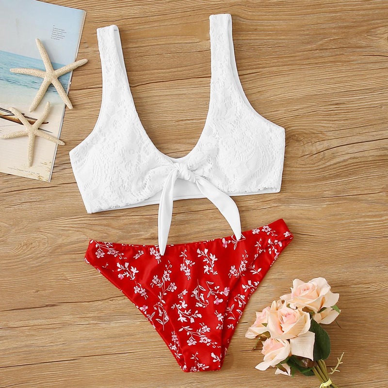

Knot Front Contrast Lace Bikini Set, Multicolor