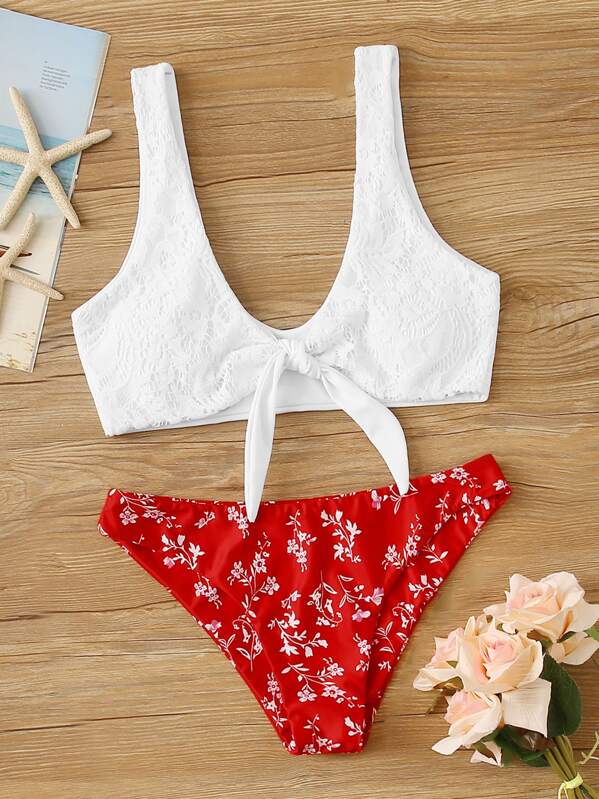 

Knot Front Contrast Lace Bikini Set, Multicolor