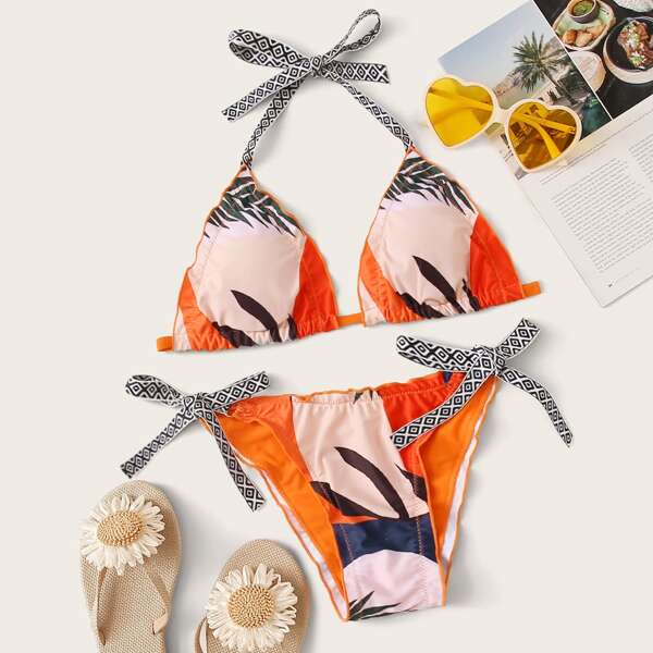 

Tropical Frill Trim Triangle Bikini Set, Multicolor