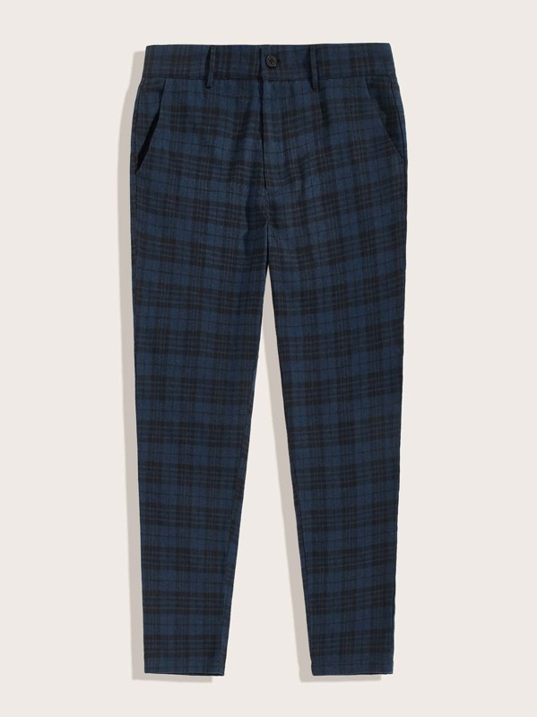 

Men Slant Pocket Plaid Cigarette Pants, Navy