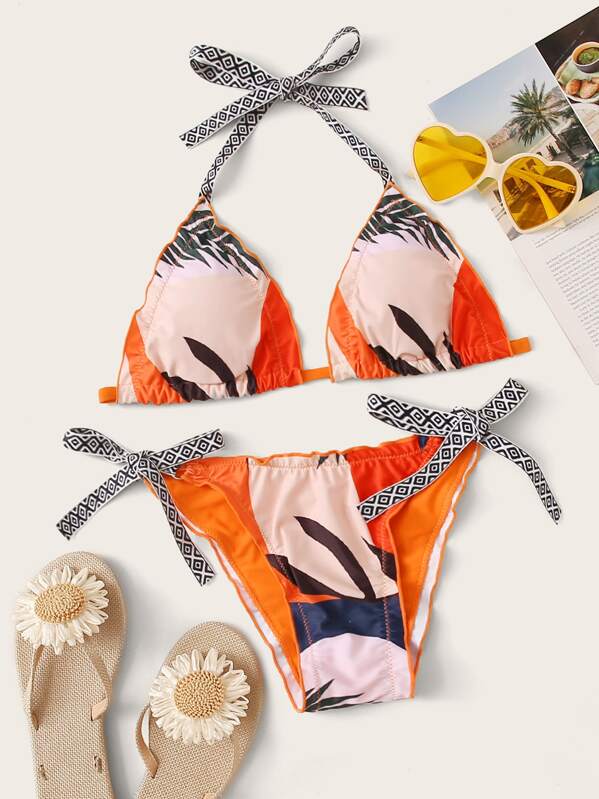 

Tropical Frill Trim Triangle Bikini Set, Multicolor