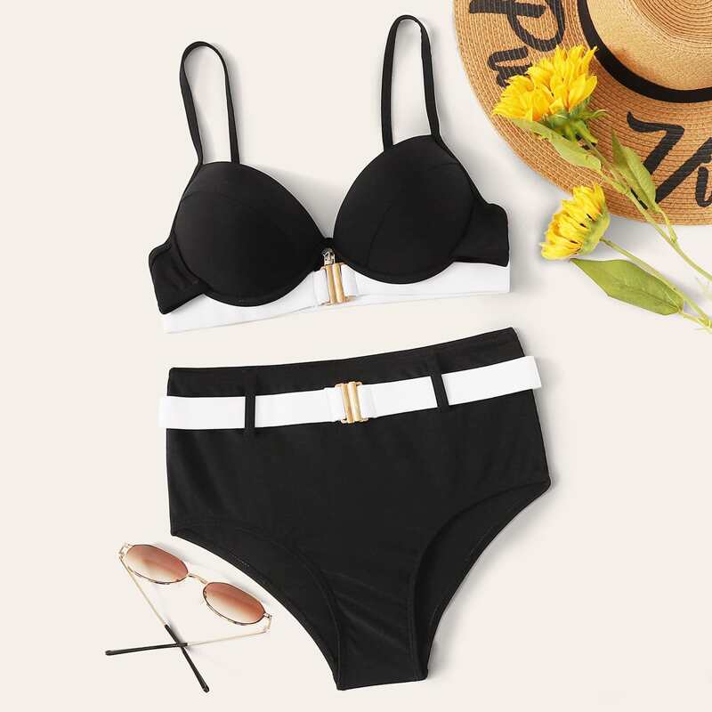 

Underwire Top With High Waist Bikini Set, Black