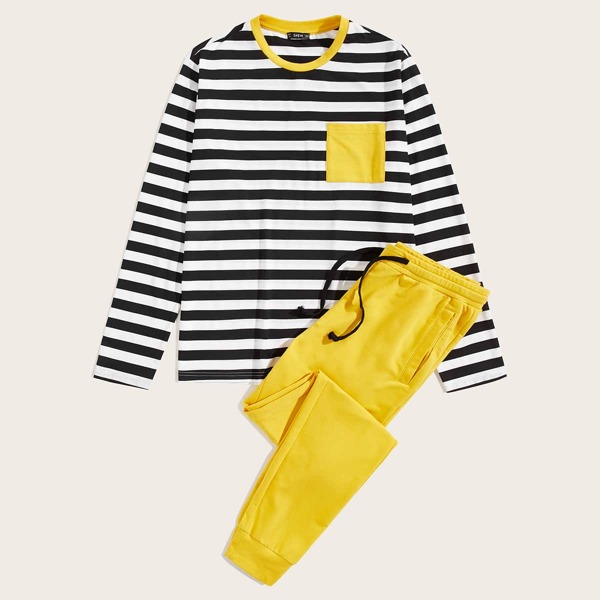 

Men Pocket Patched Striped Top & Sweatpants Set, Multicolor