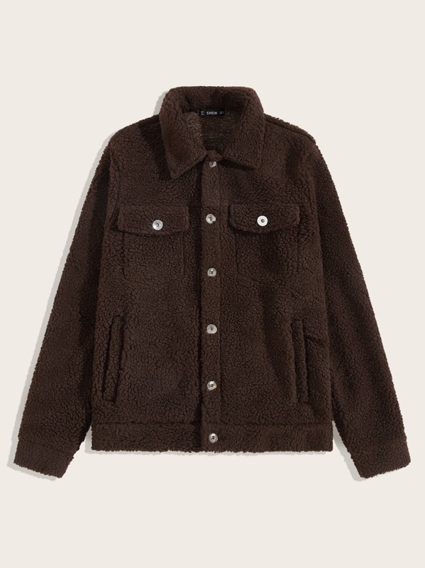 

Men Buttoned Front Flap Pocket Fleece Jacket, Brown