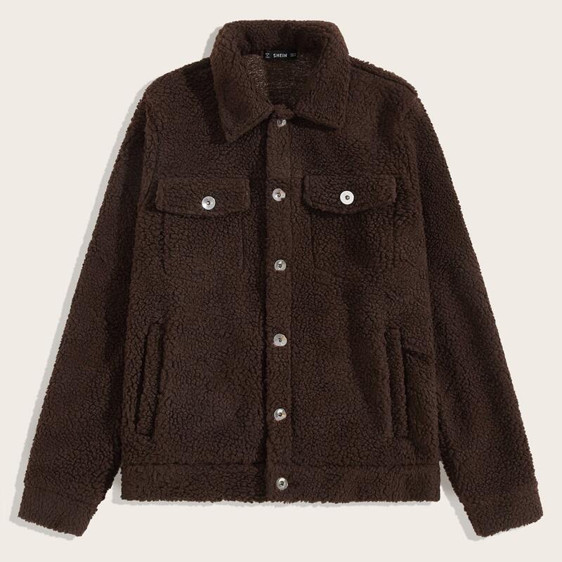 

Guys Buttoned Front Flap Pocket Fleece Jacket, Brown