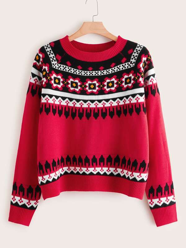 

Plus Fair Isle Pattern Raglan Sleeve Sweater, Red