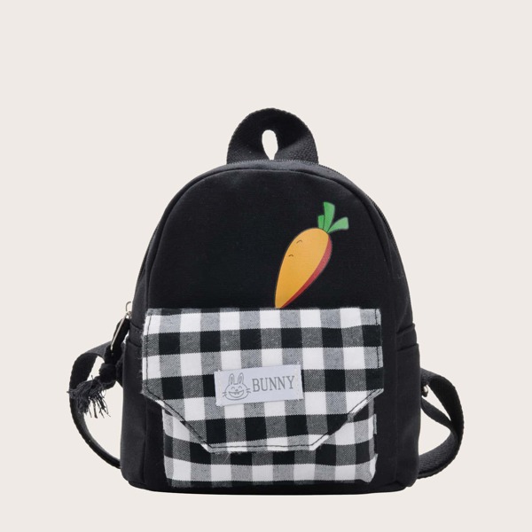 

Girls Carrot & Plaid Pattern Backpack, Black