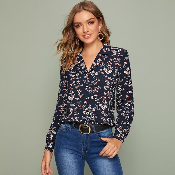 

Notched Collar Floral Print Button Front Blouse, Navy blue
