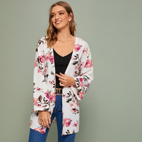

Open Front Floral Print Coat, White