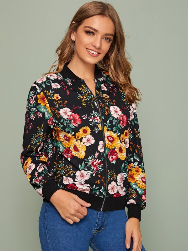 

Floral Print Zipper Up Bomber Jacket, Multicolor, Luiza