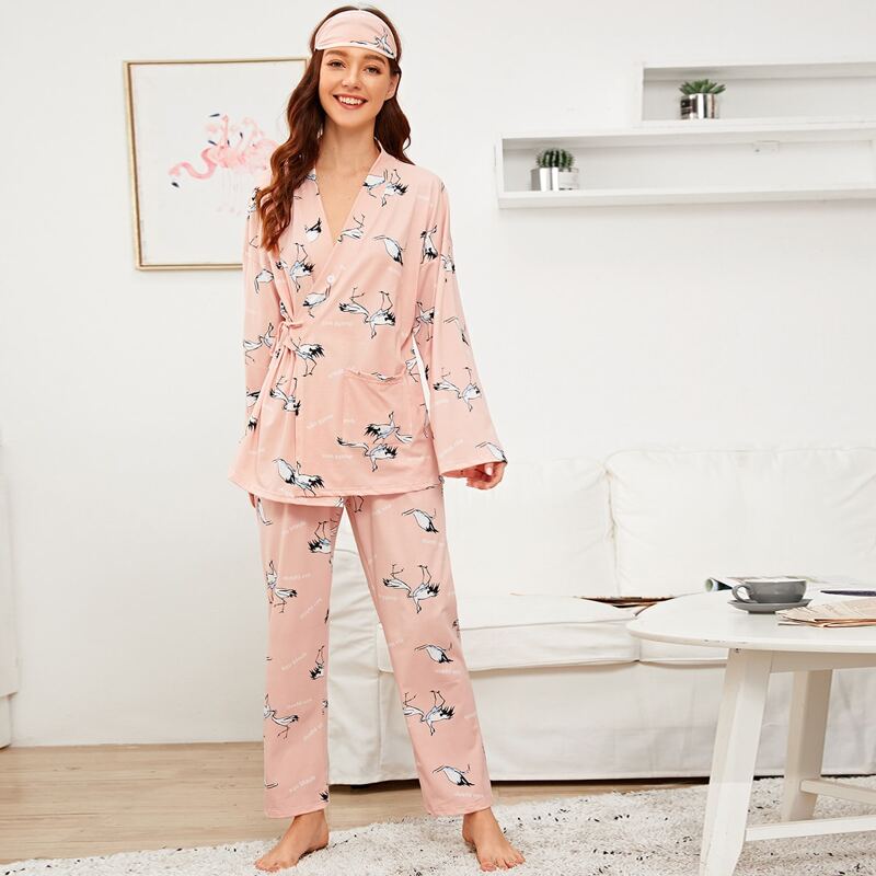 

Crane Print Tie Waist PJ Set With Eye Mask, Pink