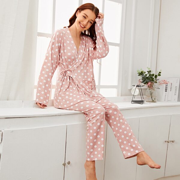 

Polka Dot Tie Waist PJ Set, Pastel dusty pink